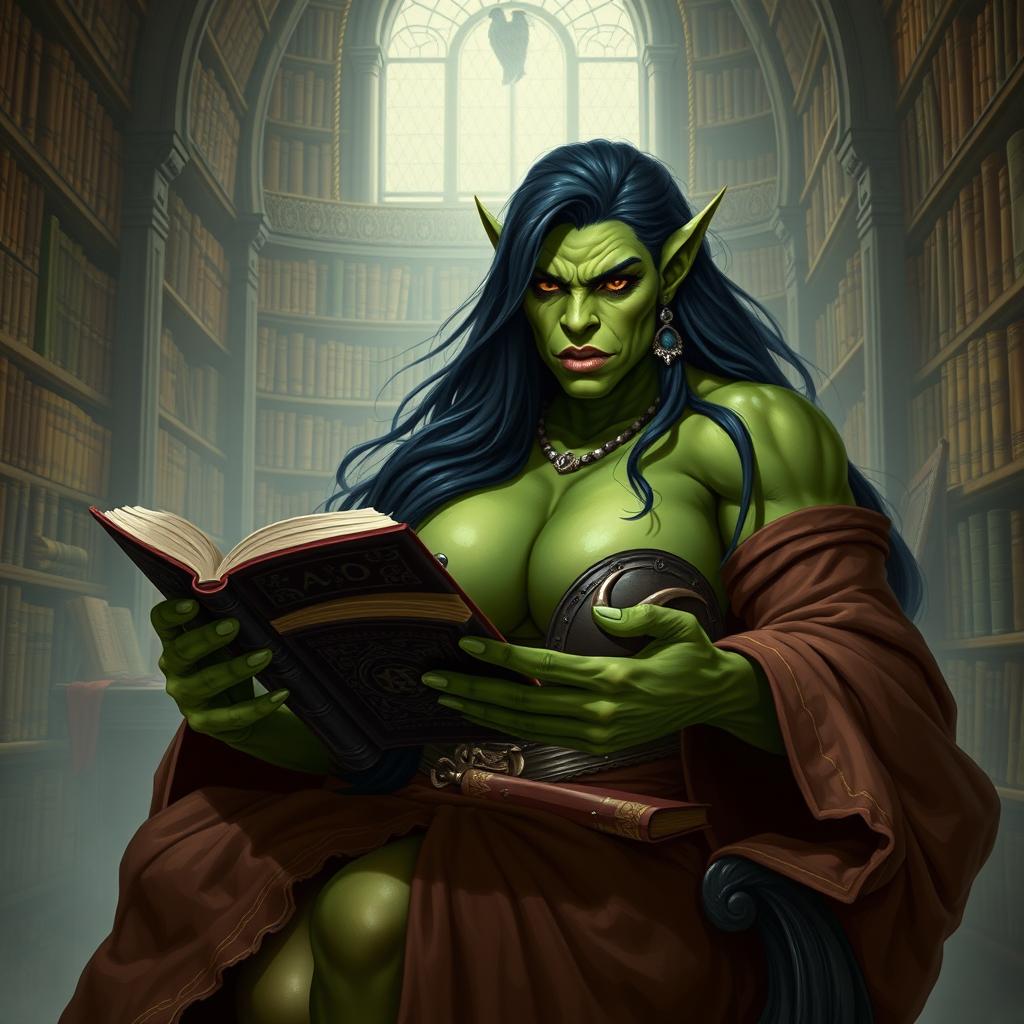 A voluptuous muscular orc with vibrant green skin, wearing scholarly robes, sitting in a grand library filled with ancient tomes