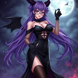 A sexy demonic anime girl witch with long, flowing purple hair and stylish glasses, showcasing her alluring charm