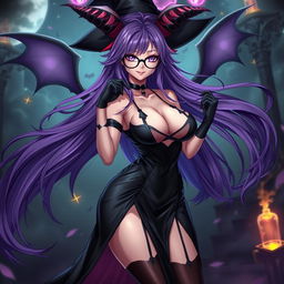 A sexy demonic anime girl witch with long, flowing purple hair and stylish glasses, showcasing her alluring charm