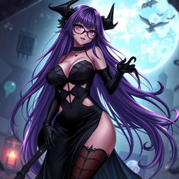A sexy demonic anime girl witch with long, flowing purple hair and stylish glasses, showcasing her alluring charm