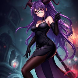 A sexy demonic anime girl witch with long, flowing purple hair and stylish glasses, showcasing her alluring charm