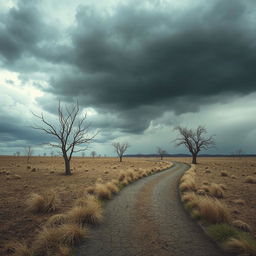 A poignant portrayal of 'exile', focusing on a desolate landscape that evokes feelings of solitude, depression, and sadness without featuring a person