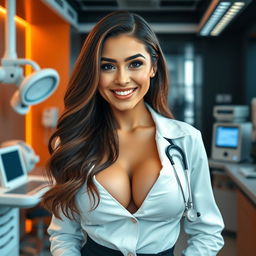 A captivatingly beautiful woman with large, round breasts, dressed in a chic English doctor's uniform
