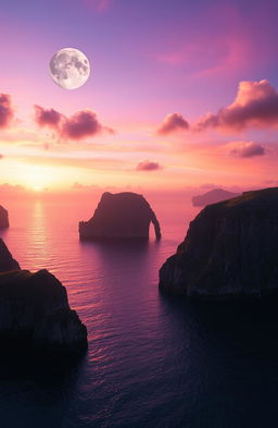 A breathtaking sunset landscape featuring floating cliffs surrounded by shimmering water