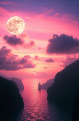 A breathtaking sunset landscape featuring floating cliffs surrounded by shimmering water