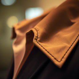 A dynamic scene emphasizing a left collar of a stylish outfit, featuring intricate details and textures