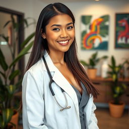 A stunningly beautiful Indonesian woman with large, round breasts, dressed in an elegant doctor's attire