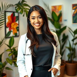 A stunningly beautiful Indonesian woman with large, round breasts, dressed in an elegant doctor's attire