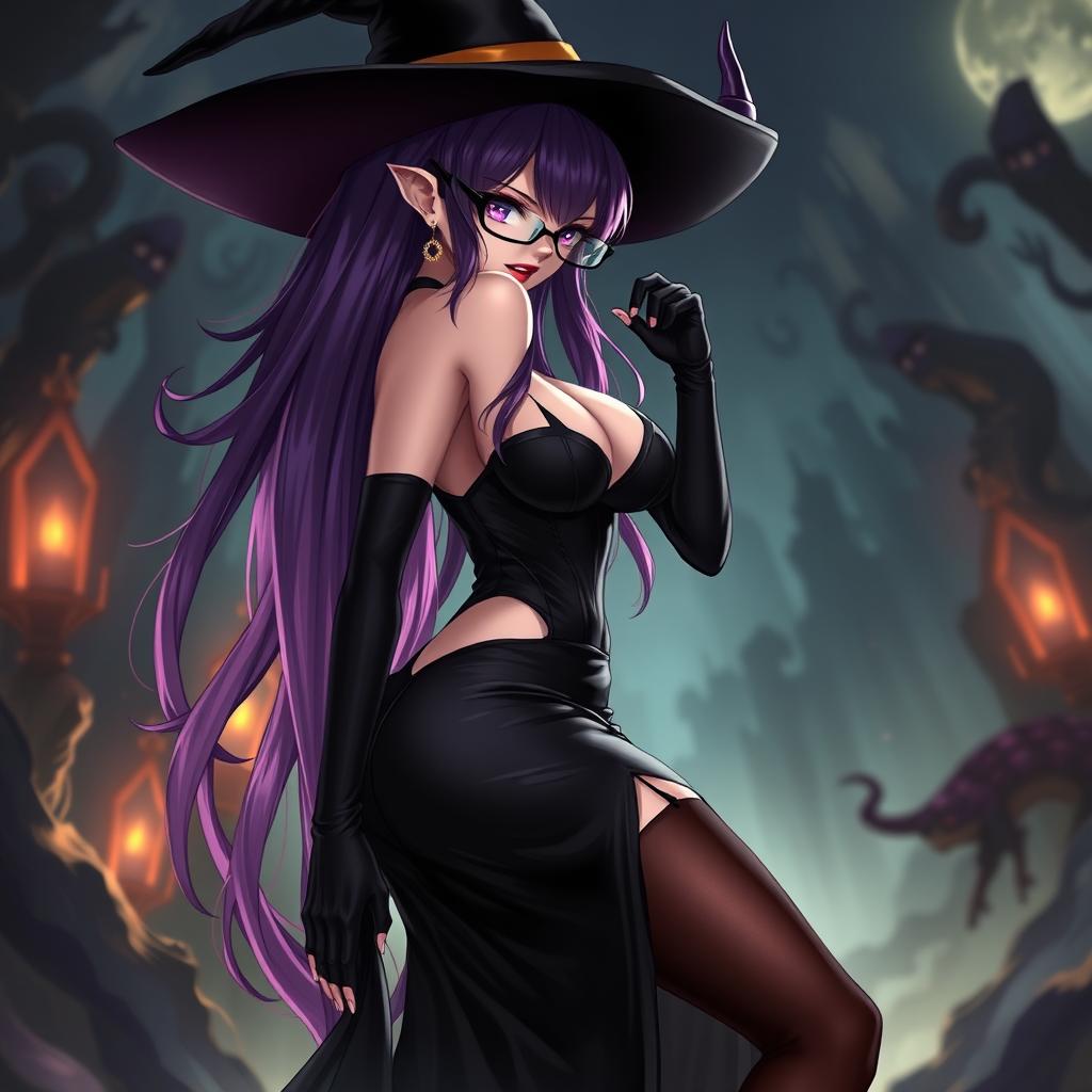 A sexy demonic anime girl witch with long, luxurious purple hair cascading down her back, wearing stylish glasses that accentuate her fierce look