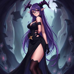 A sexy demonic anime girl witch with long, luxurious purple hair cascading down her back, wearing stylish glasses that accentuate her fierce look