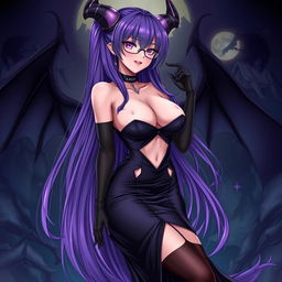 A sexy demonic anime girl witch with long, luxurious purple hair cascading down her back, wearing stylish glasses that accentuate her fierce look