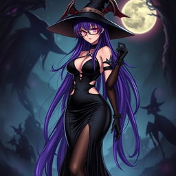 A sexy demonic anime girl witch with long, luxurious purple hair cascading down her back, wearing stylish glasses that accentuate her fierce look