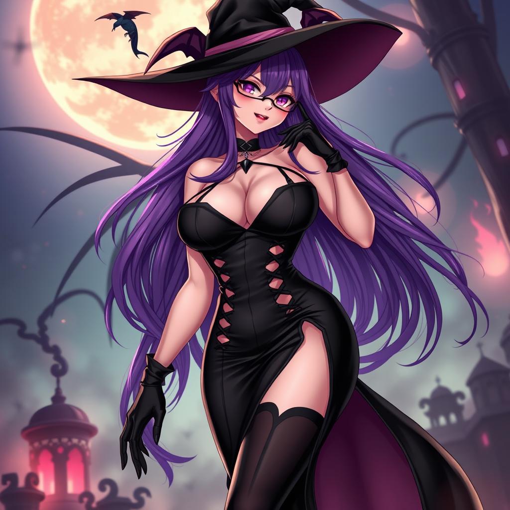 A sexy demonic anime girl witch with long, flowing purple hair and fashionable glasses, exuding an alluring and mysterious vibe