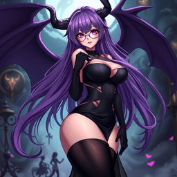 A sexy demonic anime girl witch with long, flowing purple hair and fashionable glasses, exuding an alluring and mysterious vibe
