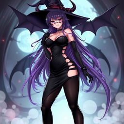 A sexy demonic anime girl witch with long, flowing purple hair and fashionable glasses, exuding an alluring and mysterious vibe
