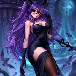 A sexy demonic anime girl witch with long, flowing purple hair and fashionable glasses, exuding an alluring and mysterious vibe