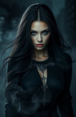 A mysterious and alluring woman representing her alter ego, shrouded in dark, atmospheric surroundings