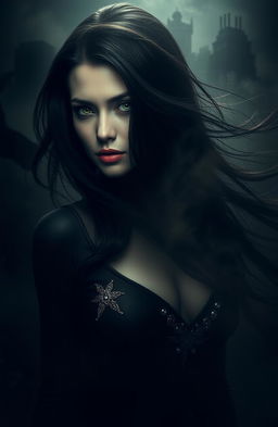 A mysterious and alluring woman representing her alter ego, shrouded in dark, atmospheric surroundings