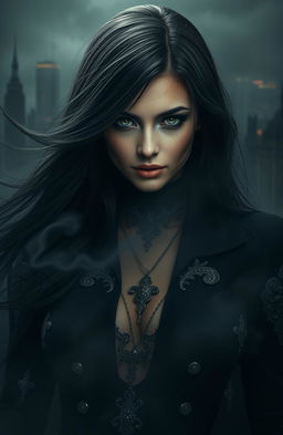 A mysterious and alluring woman representing her alter ego, shrouded in dark, atmospheric surroundings