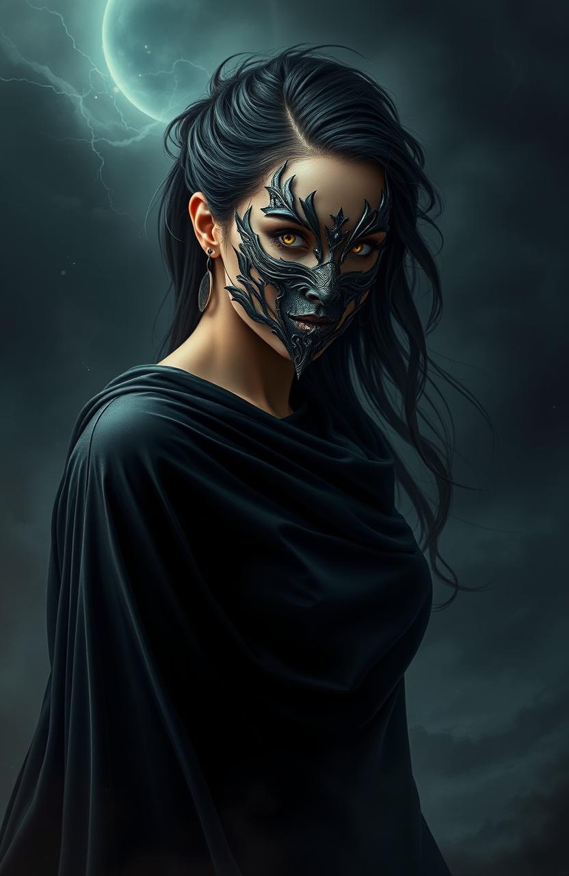 A mysterious woman embodying her alter ego, dressed in dark, flowing attire that contrasts with her striking features