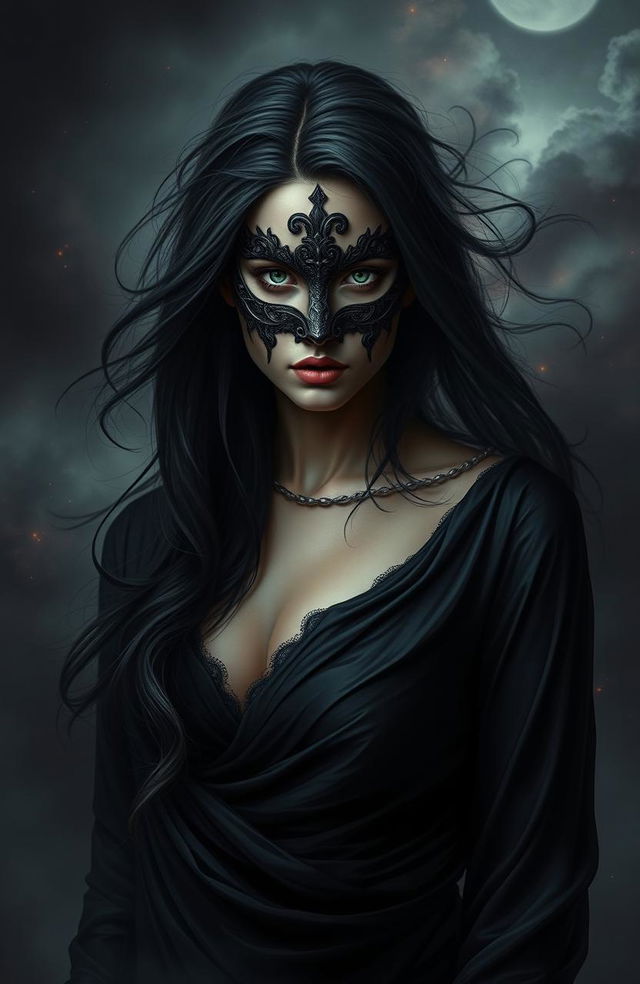 A mysterious woman embodying her alter ego, dressed in dark, flowing attire that contrasts with her striking features