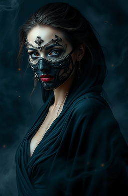 A mysterious woman embodying her alter ego, dressed in dark, flowing attire that contrasts with her striking features
