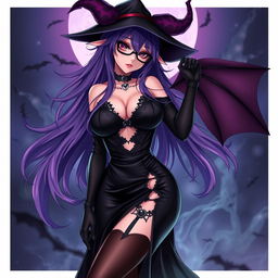 A sexy demonic anime girl witch with long, flowing purple hair, exuding enchantment and allure, wearing fashionable glasses that highlight her fierce gaze