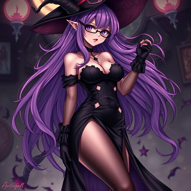 A sexy demonic anime girl witch with long, flowing purple hair, exuding enchantment and allure, wearing fashionable glasses that highlight her fierce gaze