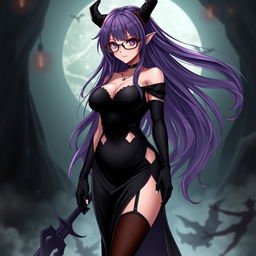 A sexy demonic anime girl witch with long, flowing purple hair, exuding enchantment and allure, wearing fashionable glasses that highlight her fierce gaze