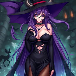 A sexy demonic anime girl witch with long, flowing purple hair, exuding enchantment and allure, wearing fashionable glasses that highlight her fierce gaze