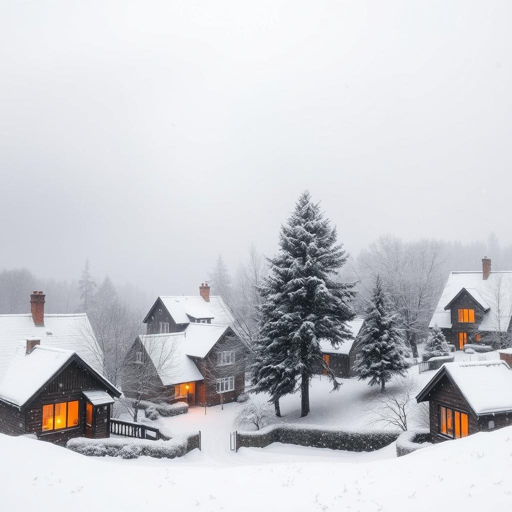 A picturesque winter scene with gentle snowfall, capturing a cozy village nestled in a snowy landscape