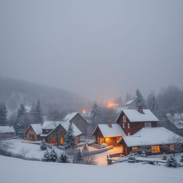 A picturesque winter scene with gentle snowfall, capturing a cozy village nestled in a snowy landscape