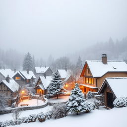 A picturesque winter scene with gentle snowfall, capturing a cozy village nestled in a snowy landscape