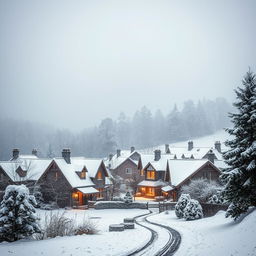 A picturesque winter scene with gentle snowfall, capturing a cozy village nestled in a snowy landscape
