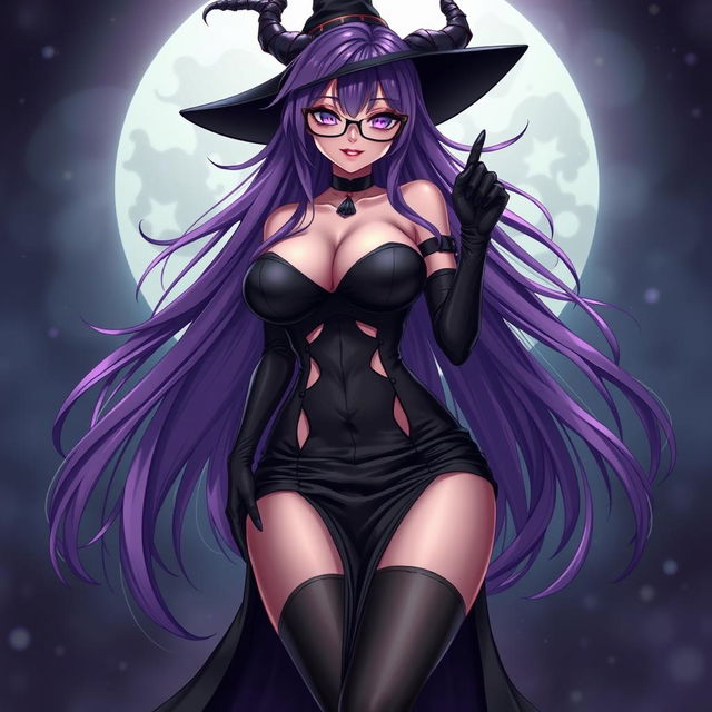 A sexy demonic anime girl witch with long, flowing purple hair and edgy glasses, radiating a bewitching charm