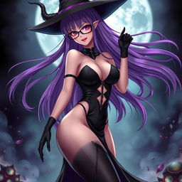 A sexy demonic anime girl witch with long, flowing purple hair and edgy glasses, radiating a bewitching charm