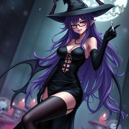 A sexy demonic anime girl witch with long, flowing purple hair and edgy glasses, radiating a bewitching charm