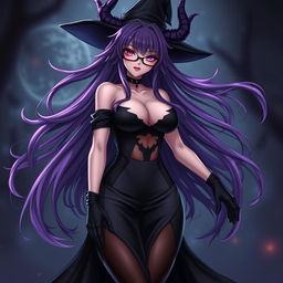 A sexy demonic anime girl witch with long, flowing purple hair and edgy glasses, radiating a bewitching charm