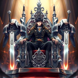 An anime-style book cover featuring a striking man with jet black hair and deep brown eyes, sitting majestically on a grand silver throne adorned with intricate designs and surrounded by an array of gleaming swords