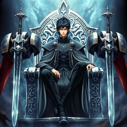 An anime-style book cover featuring a striking man with jet black hair and deep brown eyes, sitting majestically on a grand silver throne adorned with intricate designs and surrounded by an array of gleaming swords