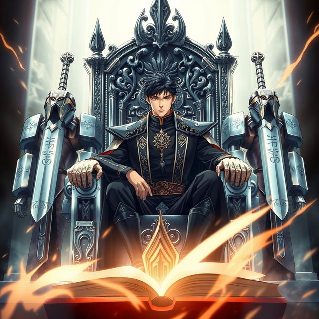 An anime-style book cover featuring a striking man with jet black hair and deep brown eyes, sitting majestically on a grand silver throne adorned with intricate designs and surrounded by an array of gleaming swords