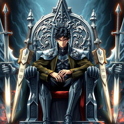 An anime-style book cover featuring a striking man with jet black hair and deep brown eyes, sitting majestically on a grand silver throne adorned with intricate designs and surrounded by an array of gleaming swords