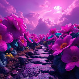 A vibrant, surreal landscape filled with oversized flowers in various colors like bright pink, electric blue, and neon green under a glowing purple sky