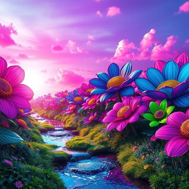 A vibrant, surreal landscape filled with oversized flowers in various colors like bright pink, electric blue, and neon green under a glowing purple sky