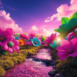A vibrant, surreal landscape filled with oversized flowers in various colors like bright pink, electric blue, and neon green under a glowing purple sky