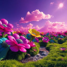 A vibrant, surreal landscape filled with oversized flowers in various colors like bright pink, electric blue, and neon green under a glowing purple sky