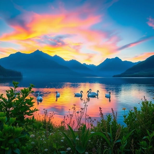 A stunning landscape of a sunrise over a serene lake surrounded by majestic mountains, with vibrant colors in the sky reflecting on the water's surface