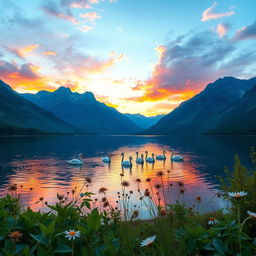 A stunning landscape of a sunrise over a serene lake surrounded by majestic mountains, with vibrant colors in the sky reflecting on the water's surface