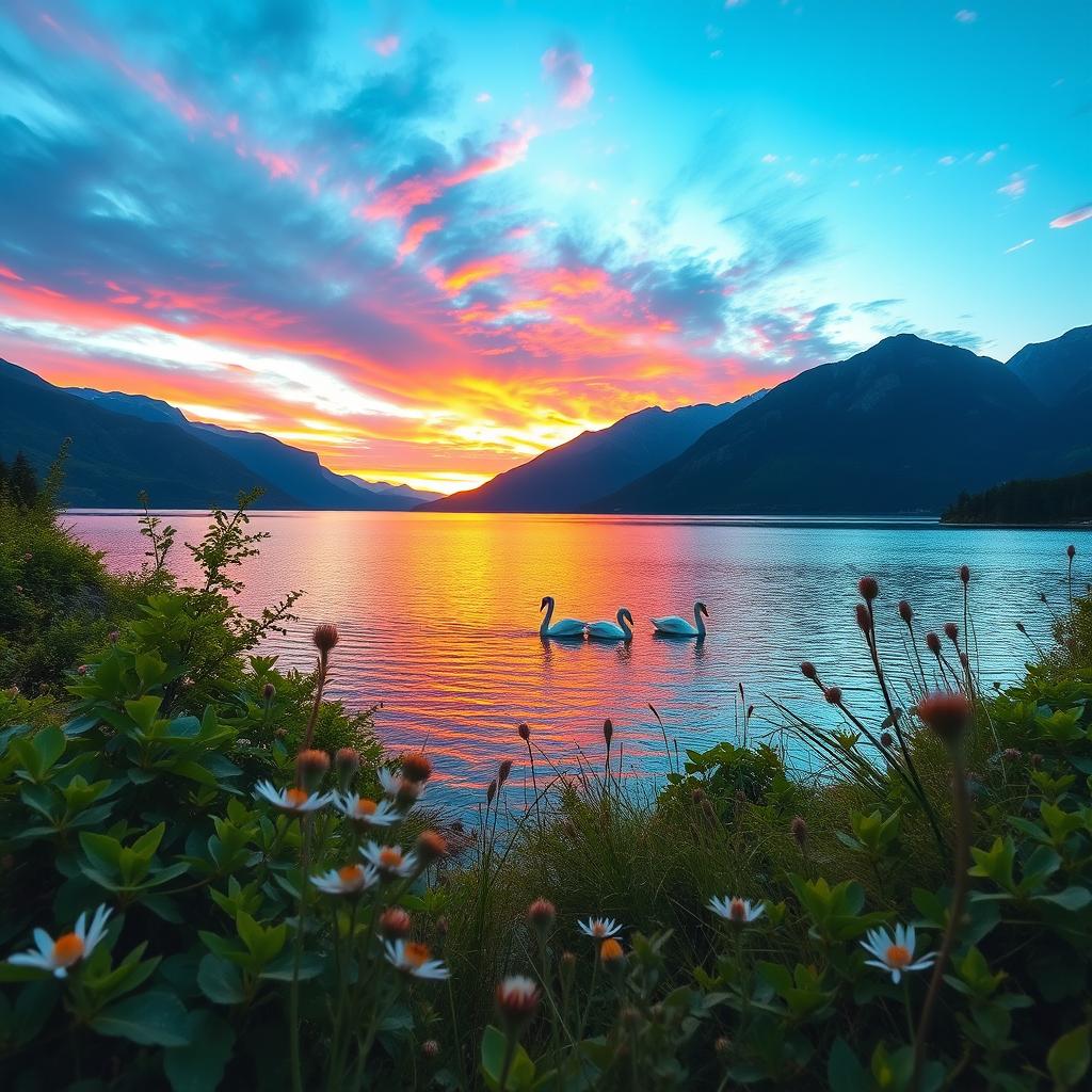A stunning landscape of a sunrise over a serene lake surrounded by majestic mountains, with vibrant colors in the sky reflecting on the water's surface