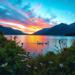 A stunning landscape of a sunrise over a serene lake surrounded by majestic mountains, with vibrant colors in the sky reflecting on the water's surface